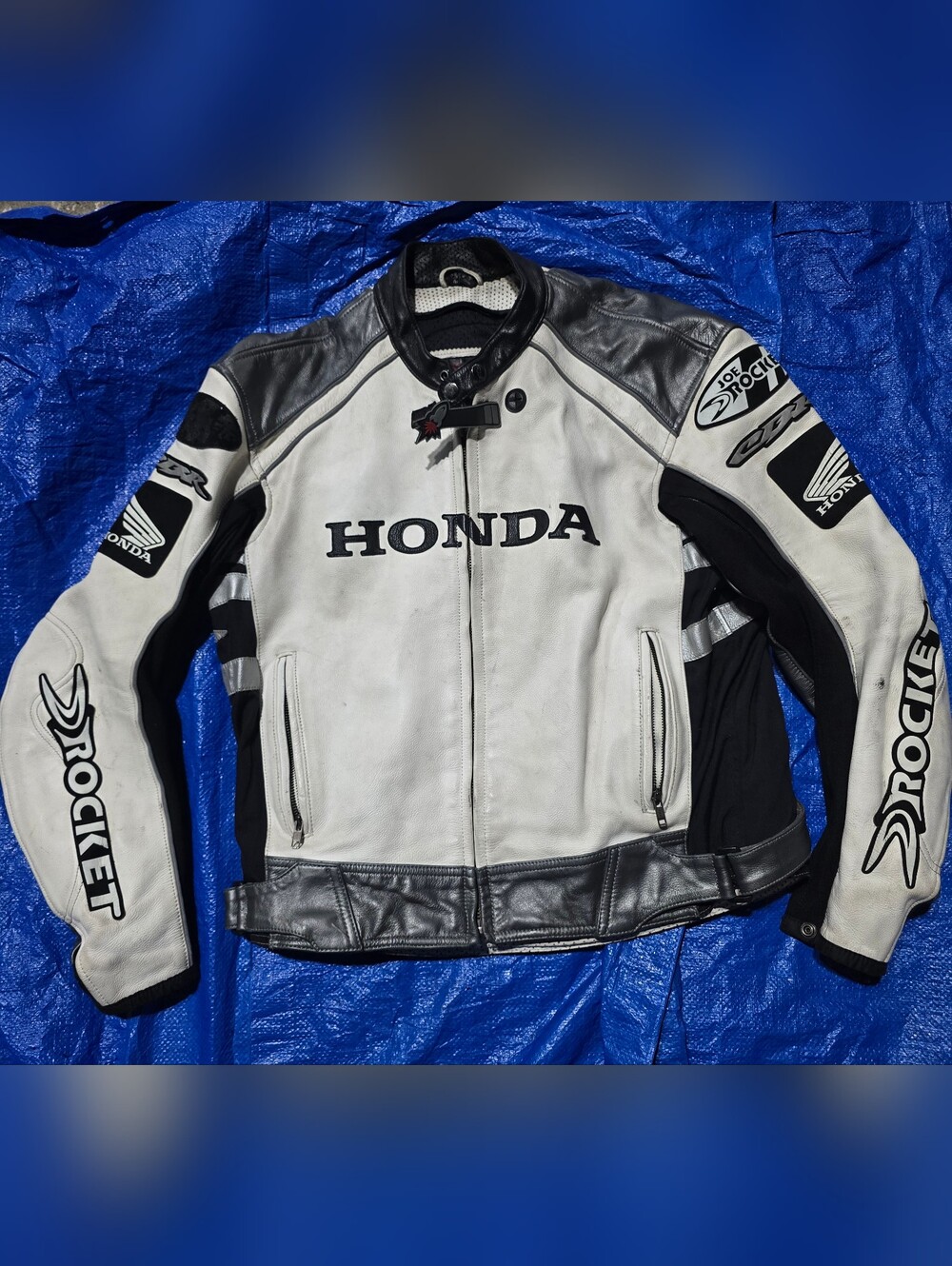 Joe Rocket Honda White Leather Motorcycle Jacket Size 44 Heavily Worn
